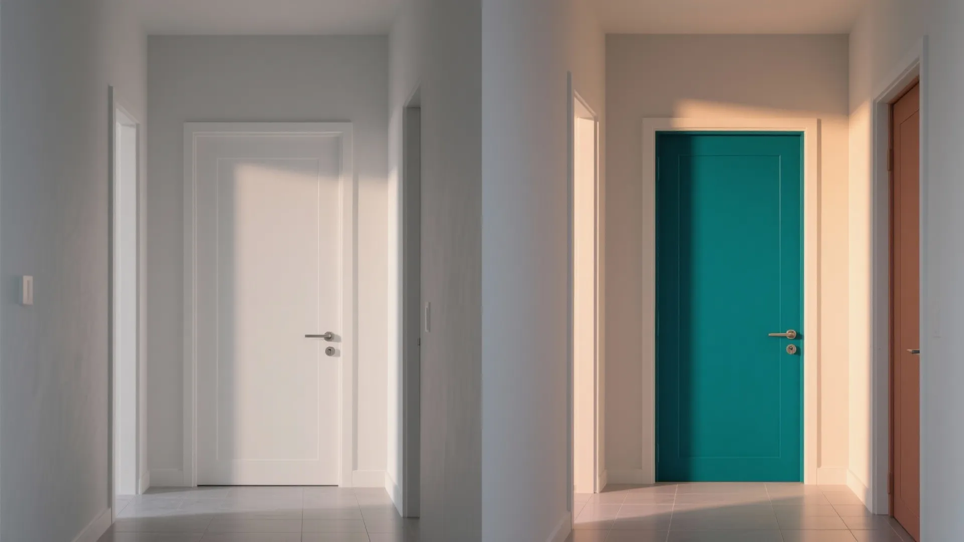 Side by side comparison of a white door and a teal blue door in hallway