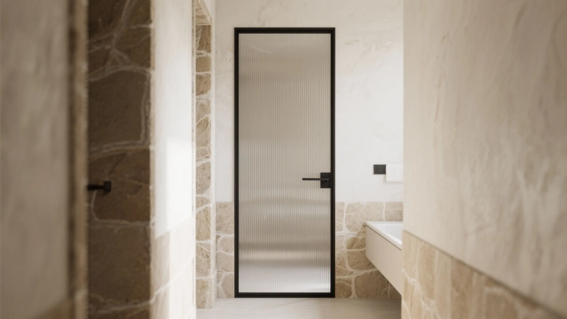 Black metal frame glass door with ribbed texture set against stone wall in modern bathroom