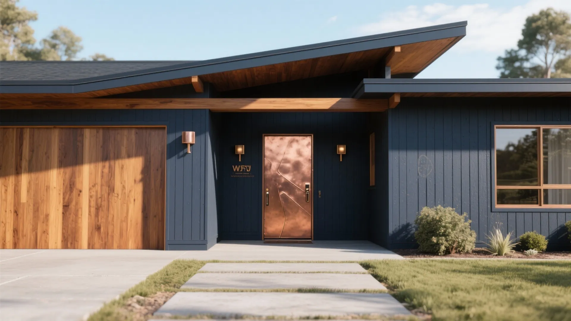 Dark blue house exterior with copper front door wooden garage door wall lights and concrete path