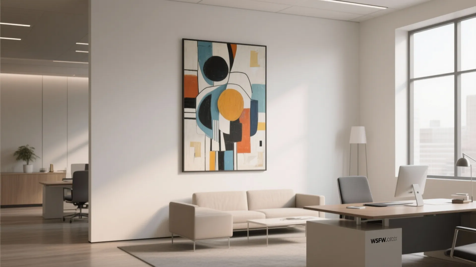 Modern office interior with abstract wall painting beige sofa wood desk and large glass window