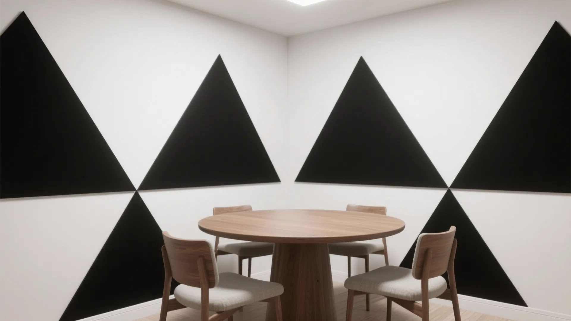 Round wooden dining table with four chairs featuring black triangle patterns on white minimalist walls