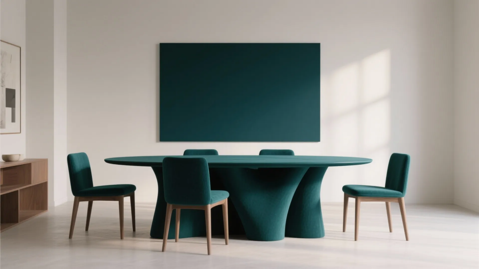 A sculptural dining set in a bold matte navy finish, styled in a minimal, well-lit dining space.