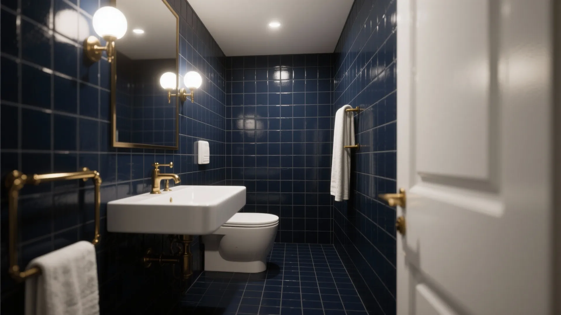 Small bathroom with deep navy monochrome painted tiles and brass fixtures