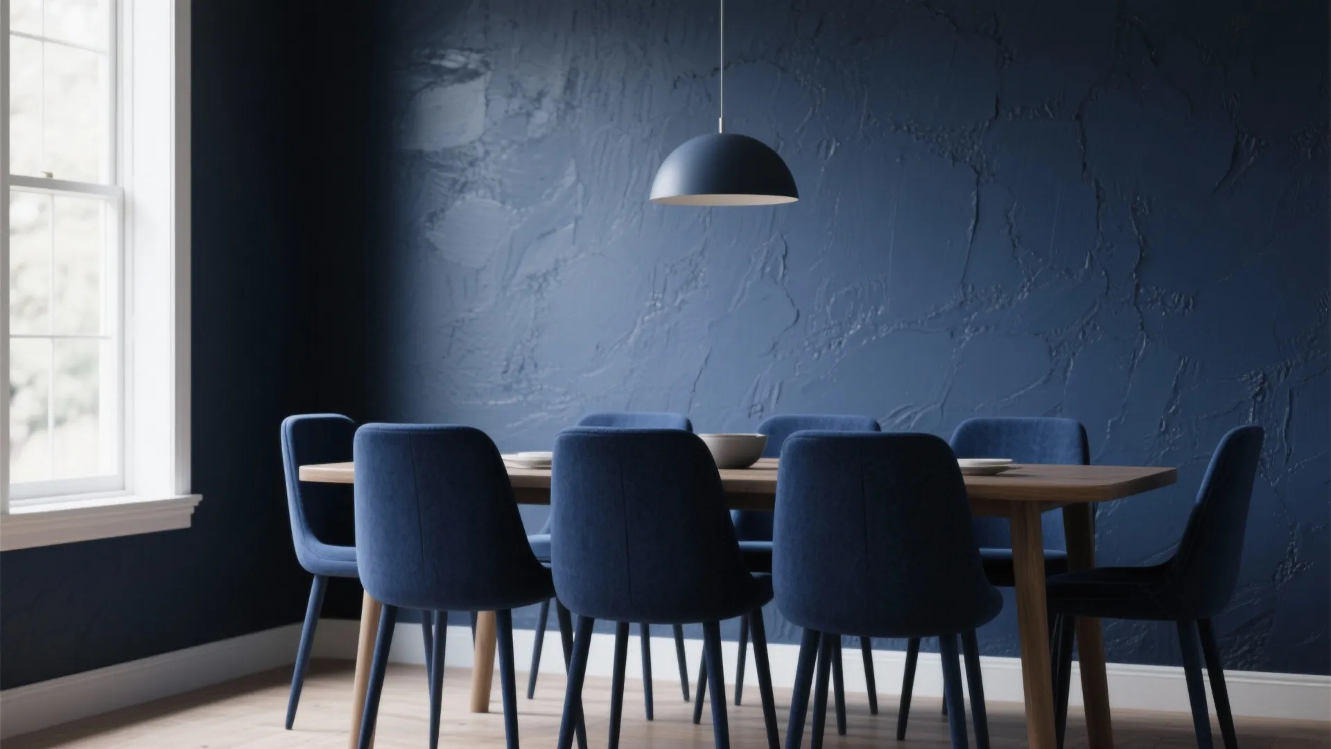 Deep navy dining chairs against a matching navy wall