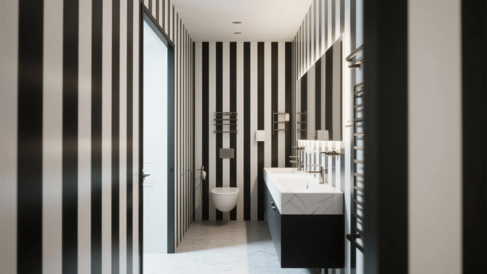 Modern bathroom with bold black and white striped wallpaper double sink cabinet and white toilet