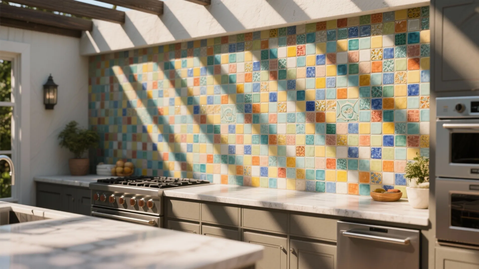 Bright kitchen interior featuring colorful square wall tiles grey cabinets white marble countertop and natural sunlight