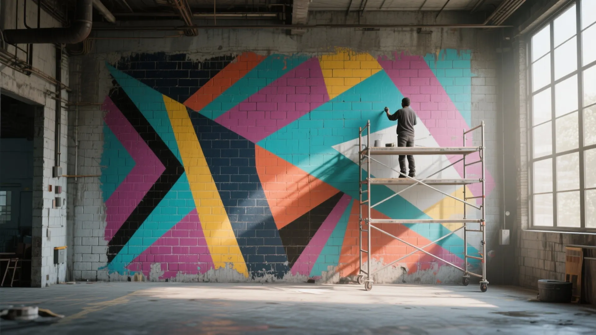 Industrial interior with a bold geometric mural across a cinder block wall, mortar grid amplifying the design.