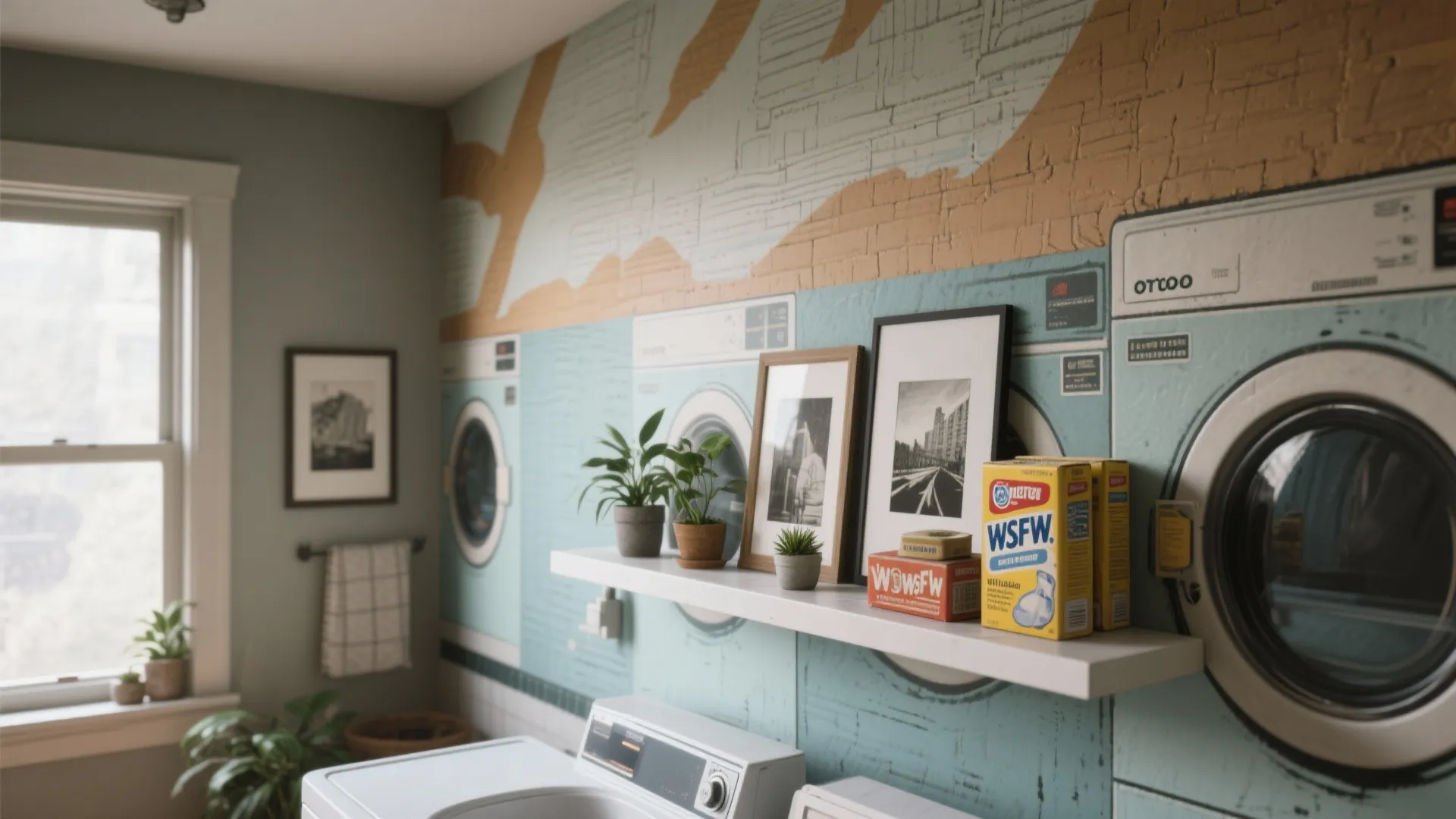 Laundry room with washing machine blue wall mural white shelf small green plants and frames