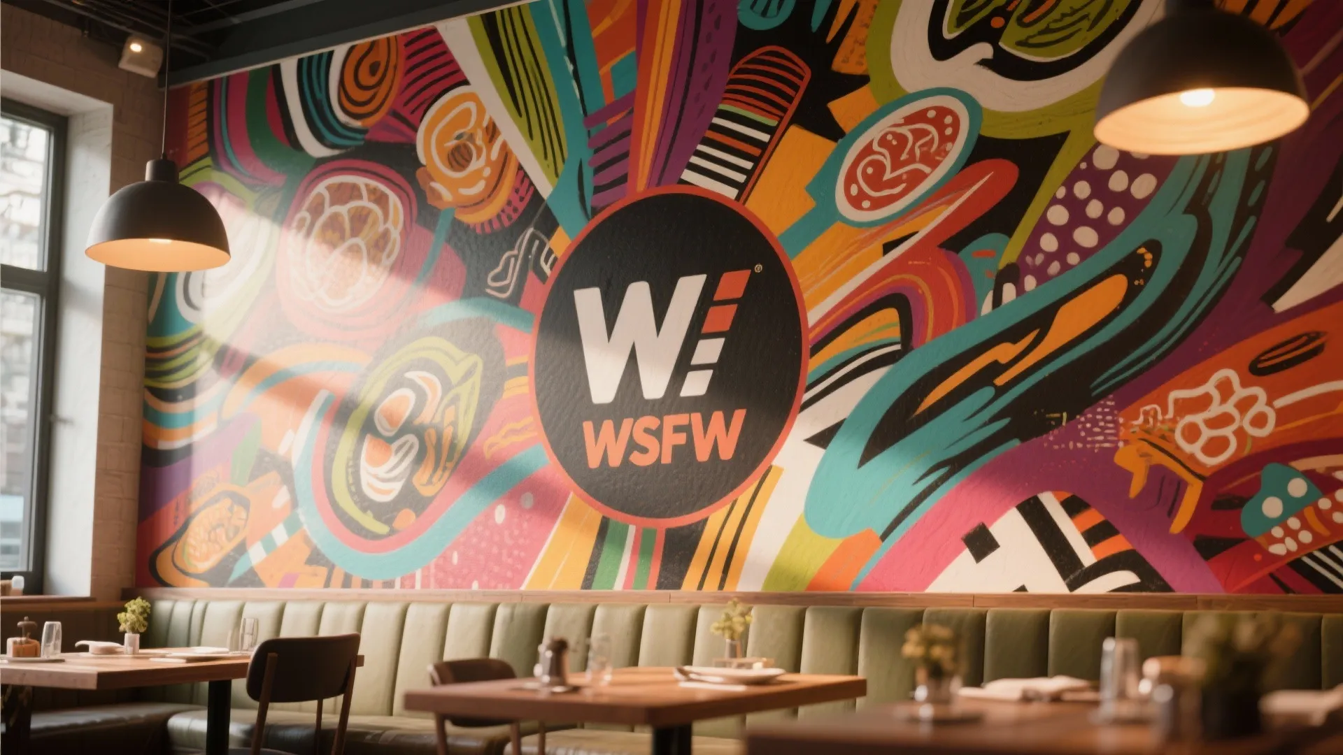 Modern restaurant interior with colorful wall mural, green booth seating, wooden tables, and black ceiling lights