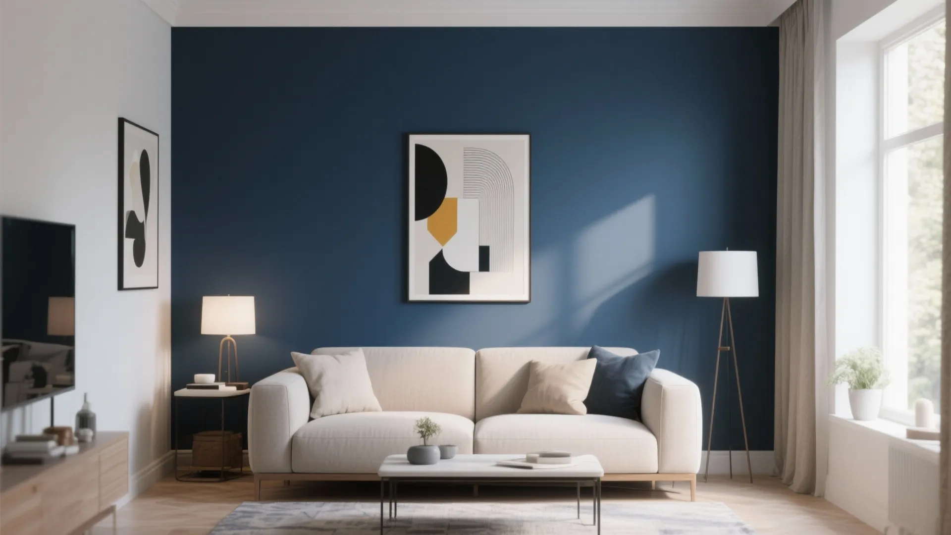 Small living room with bold navy accent wall and neutral decor