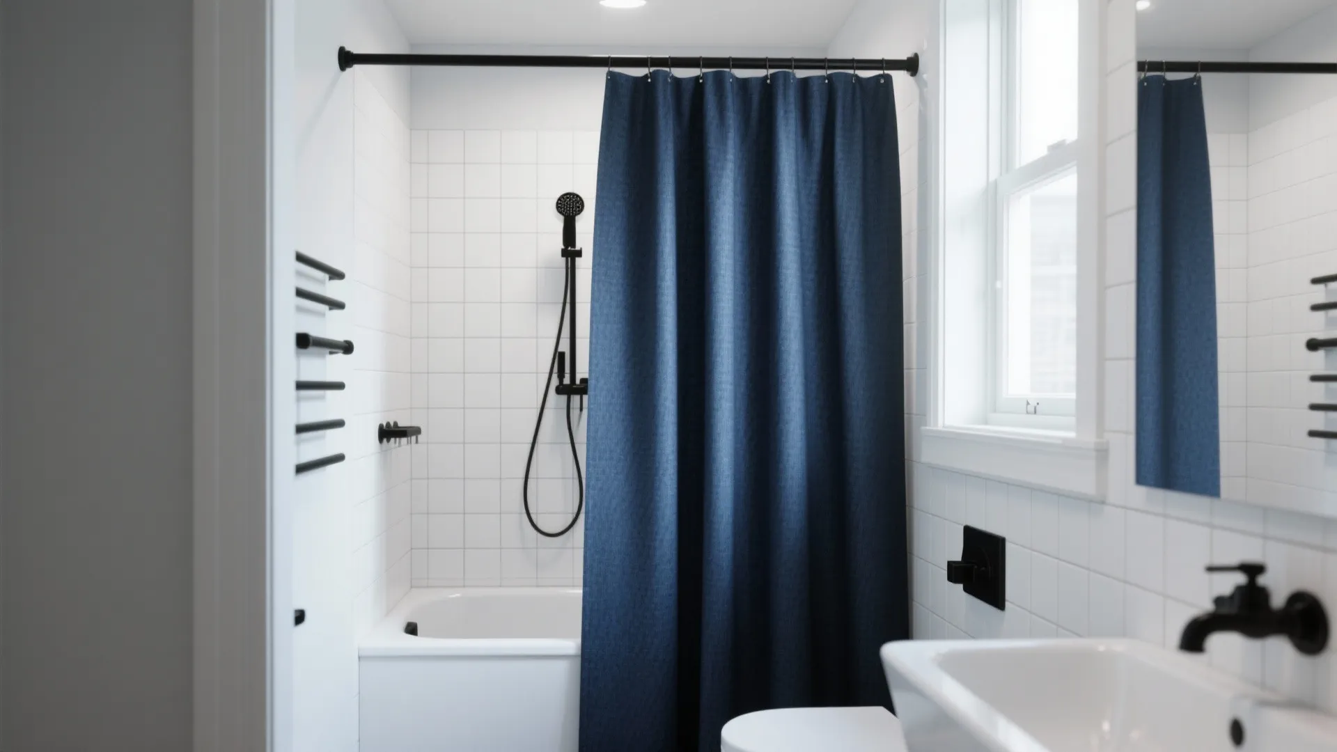 Modern bathroom with white wall tiles black fixtures navy blue shower curtain and white bathtub