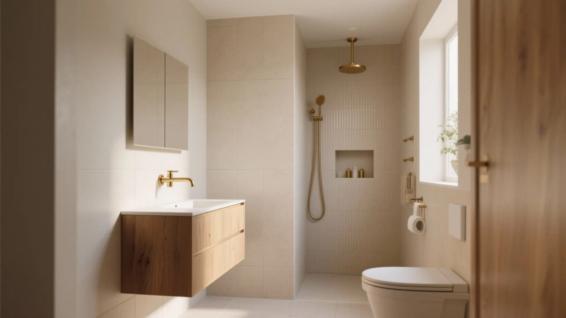 Warm bathroom interior with wood cabinet gold faucet shower area toilet and window with natural light