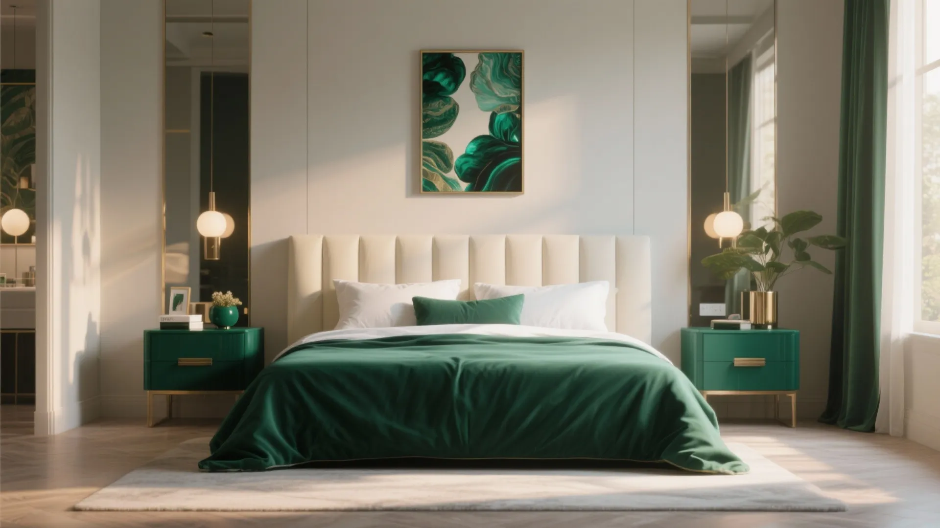 Cream headboard with bold emerald nightstands in a modern bedroom