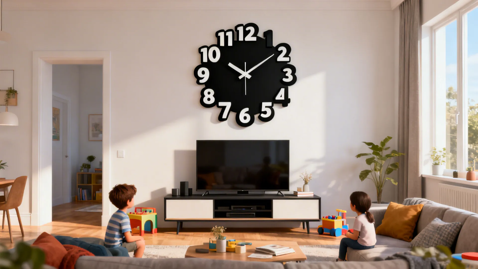 Family living room with a black wall clock featuring large bold numerals above a media console.