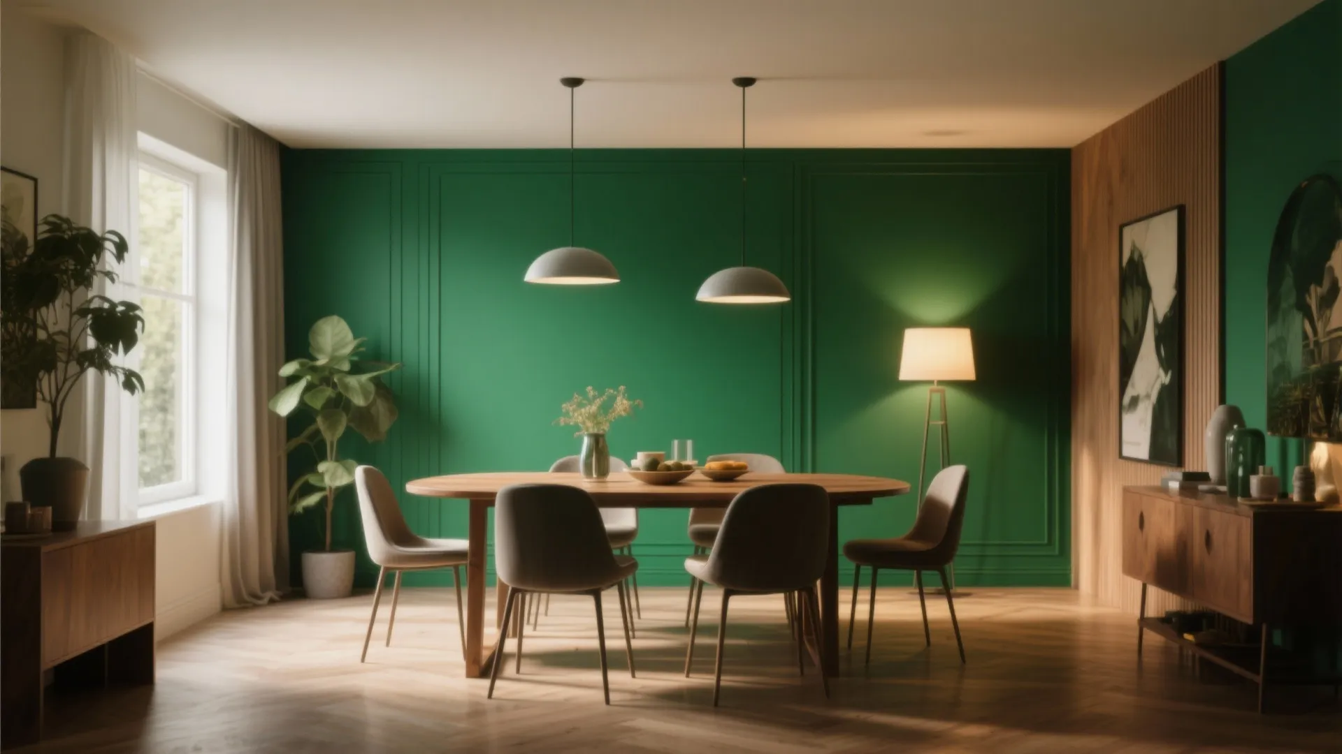 Dining room featuring green walls wooden table dark chairs ceiling lights and a floor lamp