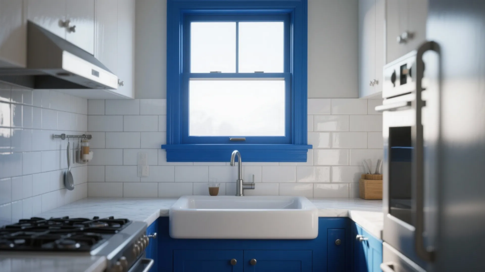 Kitchen interior with bright blue window frame over a white sink and blue lower cabinets