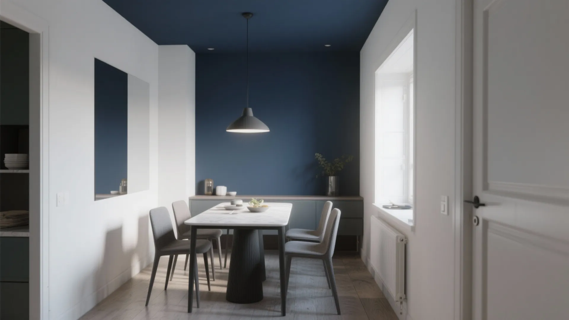Minimalist dining room featuring blue painted ceiling white walls marble table grey chairs and black light