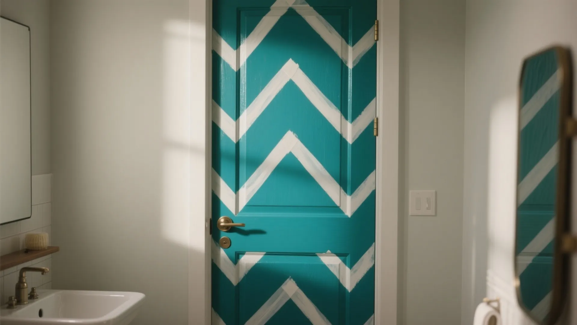 Teal bathroom door with white zigzag paint patterns next to a white sink and mirror