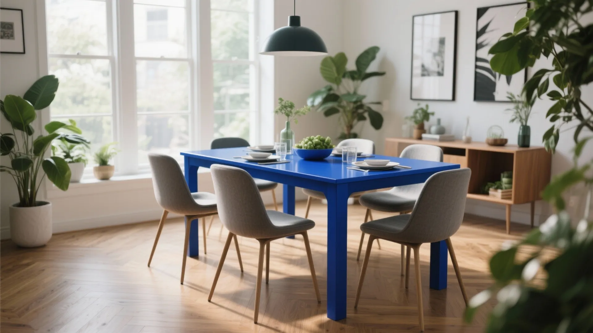 Bright blue dining table with grey chairs, wooden floor, green plants, and large bright windows