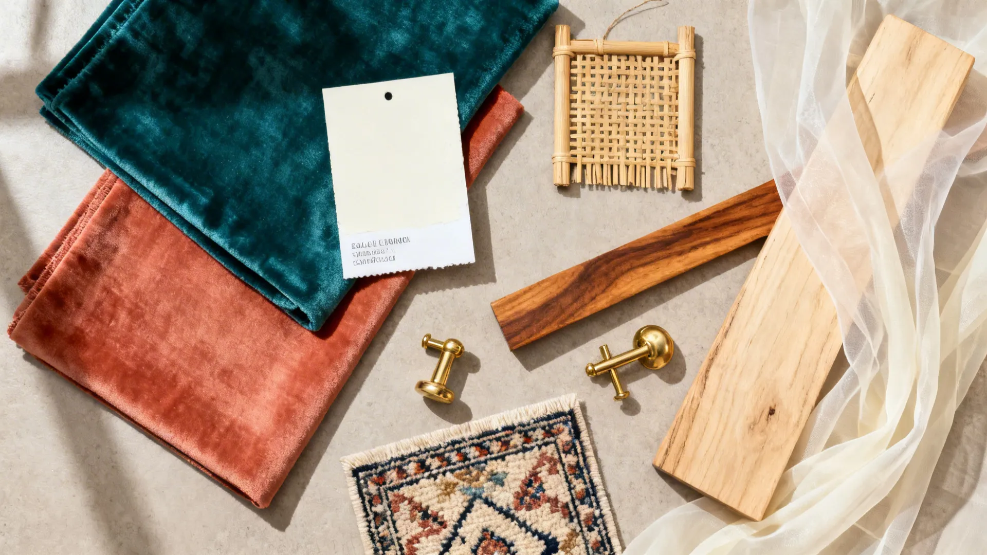 Flat lay of teal and terracotta fabric swatches with cane, brass, wood, and ivory sheers.