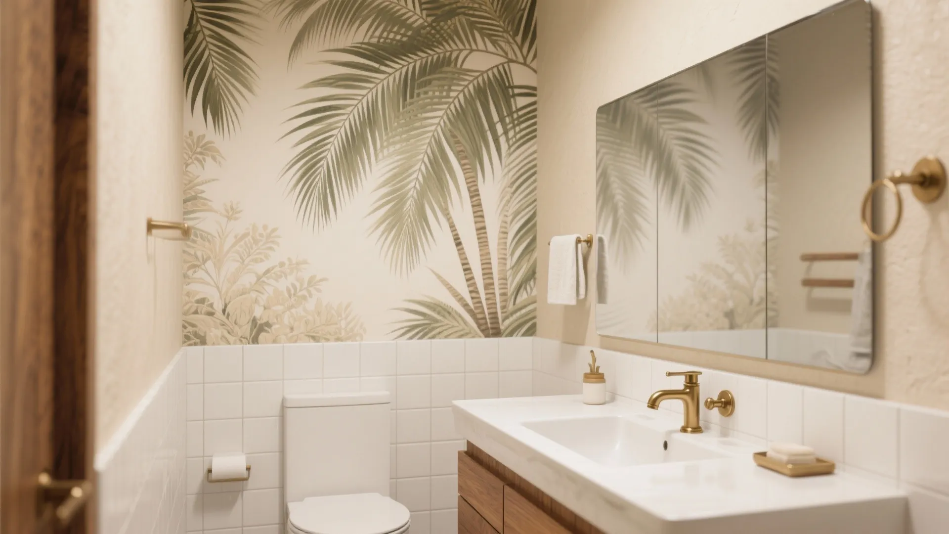Tropical bathroom with palm tree wallpaper gold water tap white sink and a large mirror