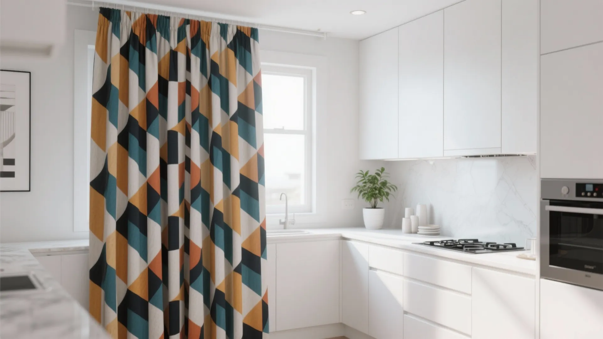 Modern white kitchen with white cabinets and a colorful geometric pattern curtain near the window
