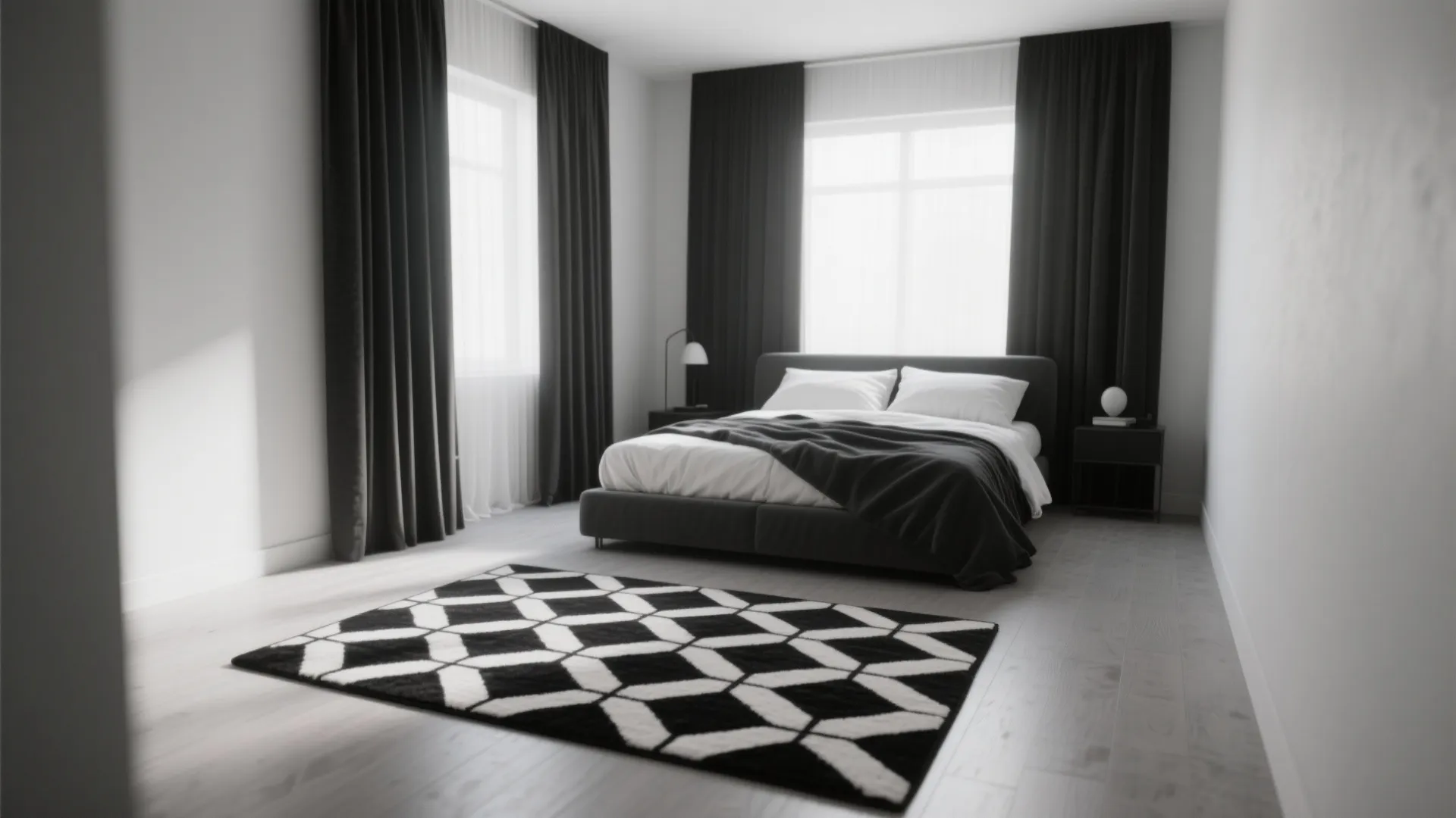 Minimalist bedroom featuring a black and white geometric rug placed on the light wood floor