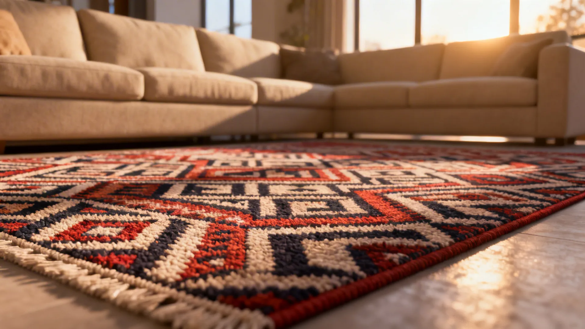 Red and blue patterned rug on floor with large beige sofa and bright warm sunlight