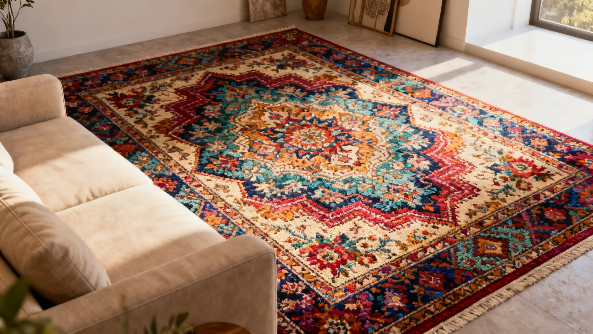 Beige living room brightened by a jewel-toned patterned 8x10 rug as focal point