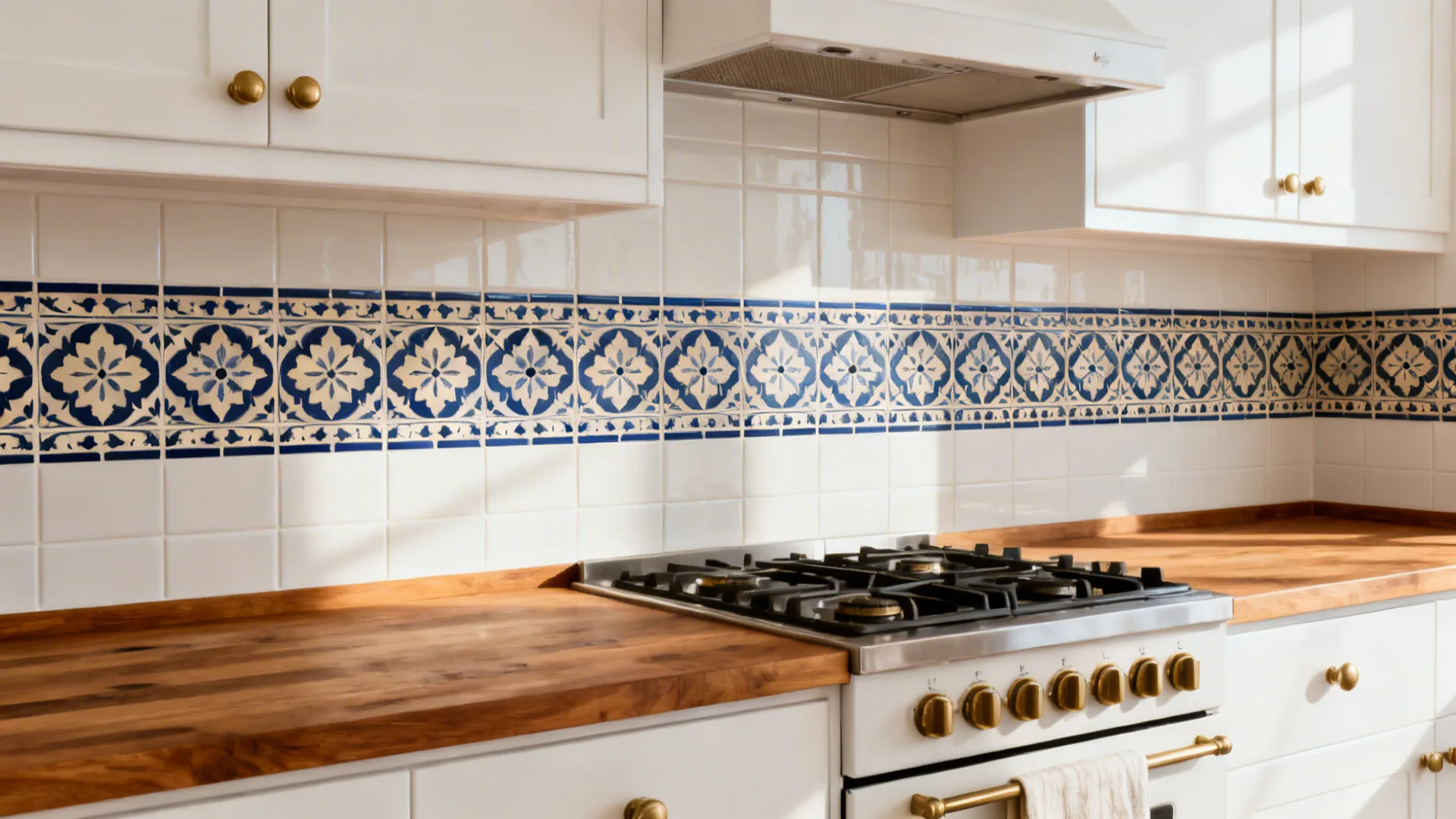 Range wall with a narrow navy-and-cream patterned peel-tile accent band.