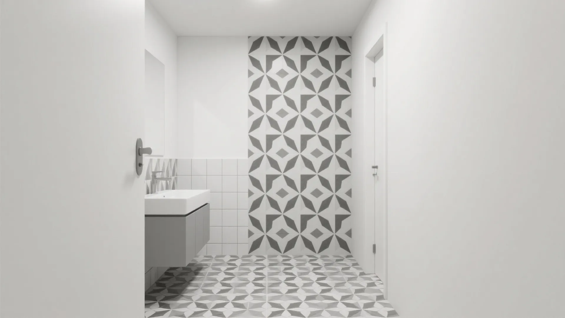 Bathroom with bold geometric gray and white patterned tiles