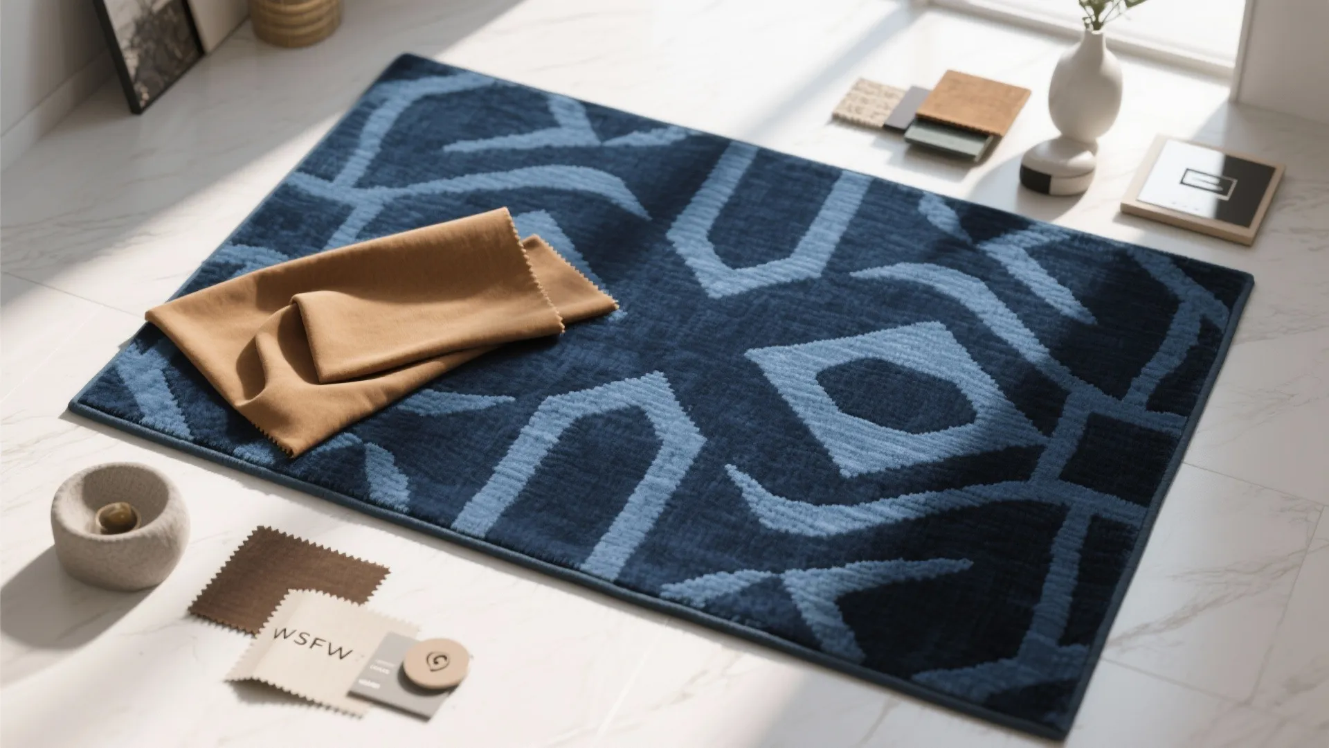 Navy blue patterned rug on white marble floor with tan fabric swatches and small decor