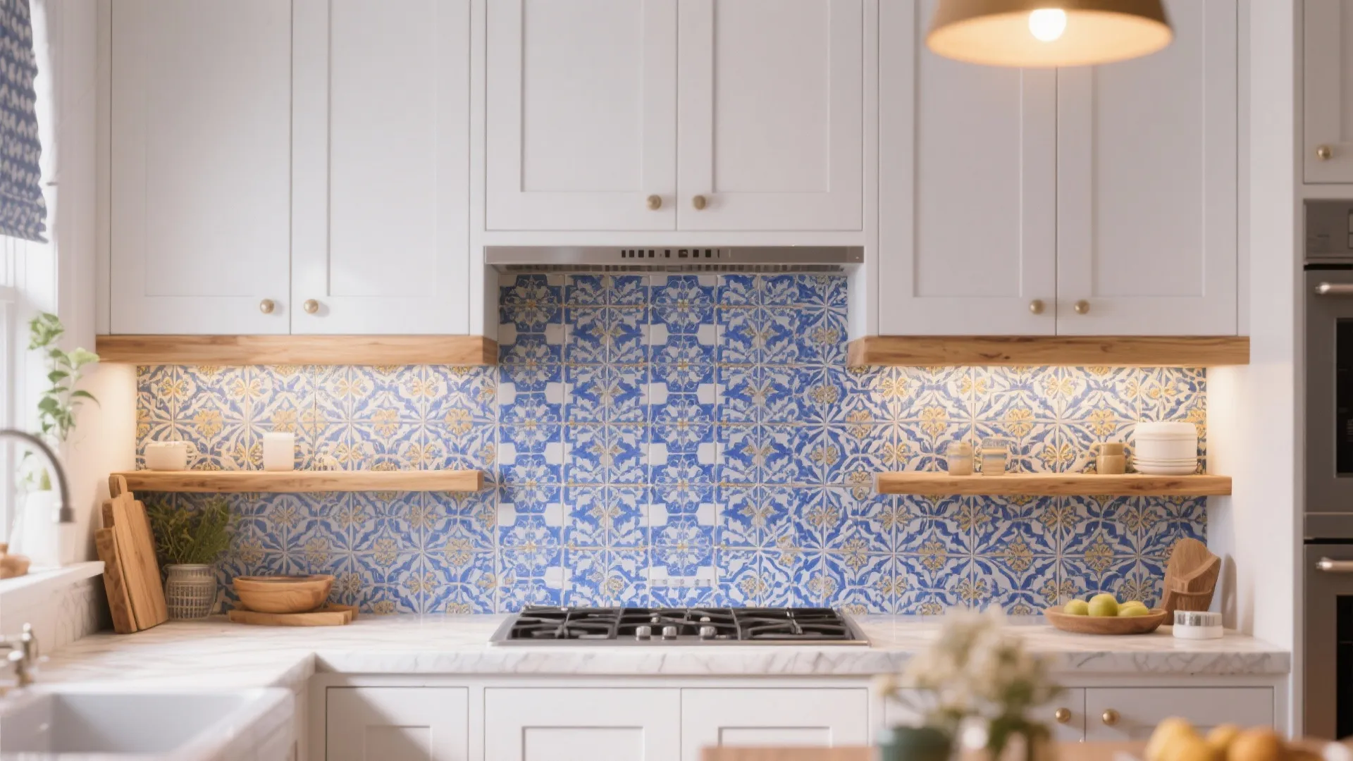 White kitchen cabinets with blue and yellow pattern tiles plus wooden shelves over the stove
