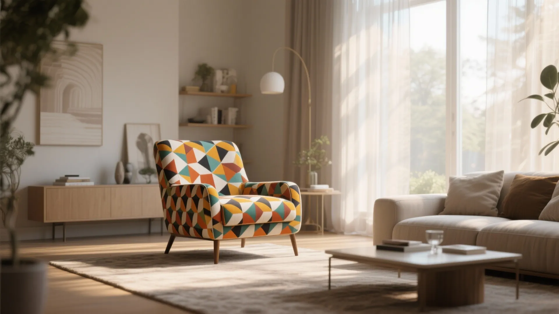 Colorful patterned chair in a bright living room with a white sofa and wood floor