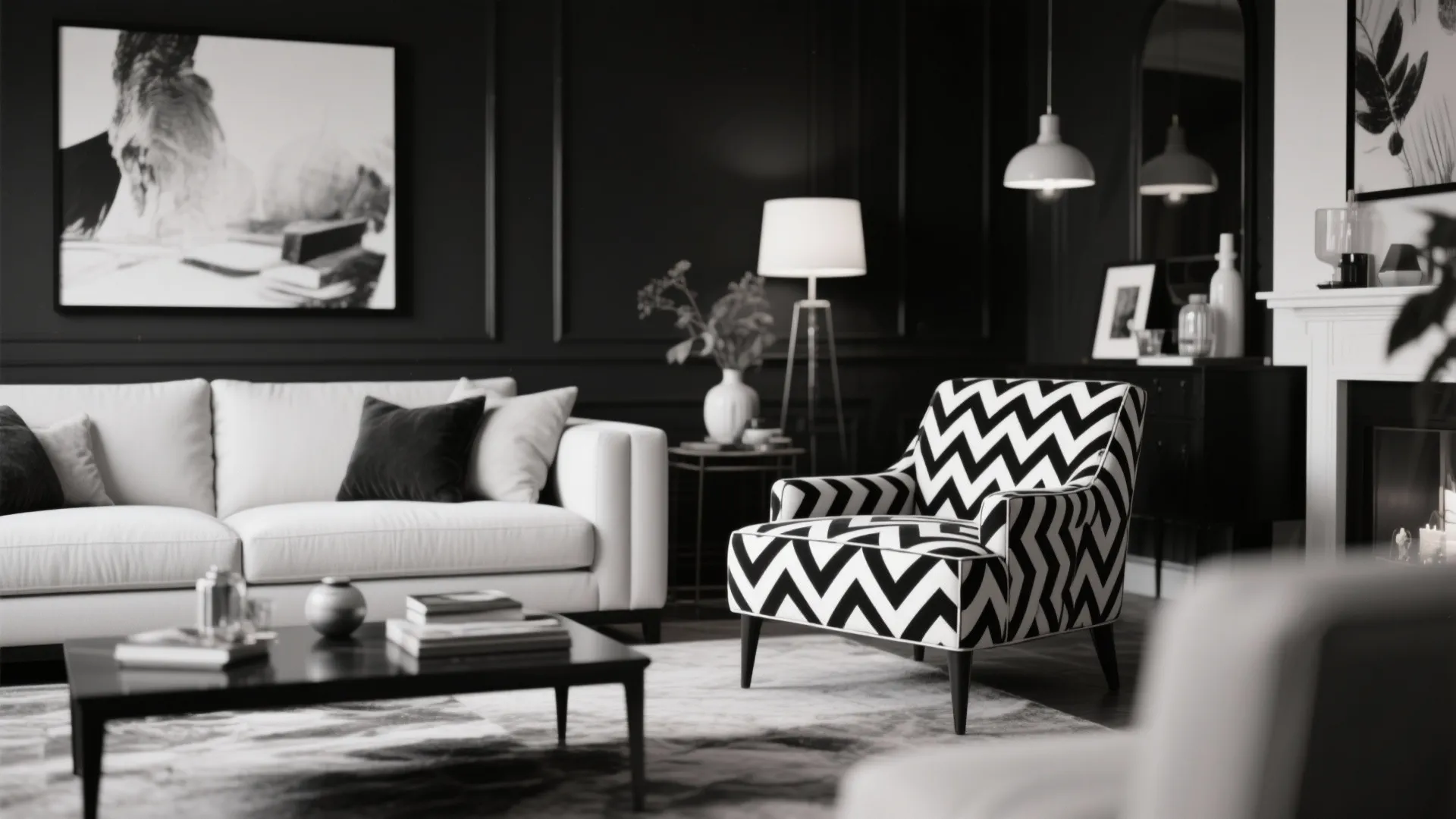 Modern living room with black and white zigzag armchair white sofa coffee table and dark walls