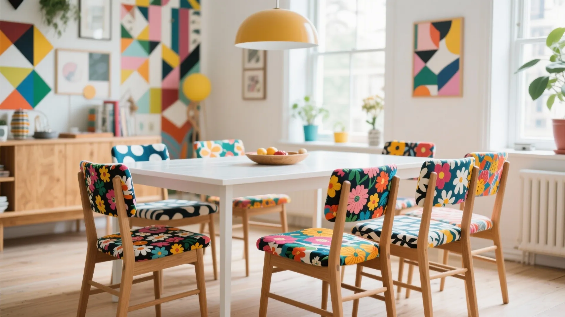 Colorful dining room featuring white table and chairs with bright floral patterns and yellow light