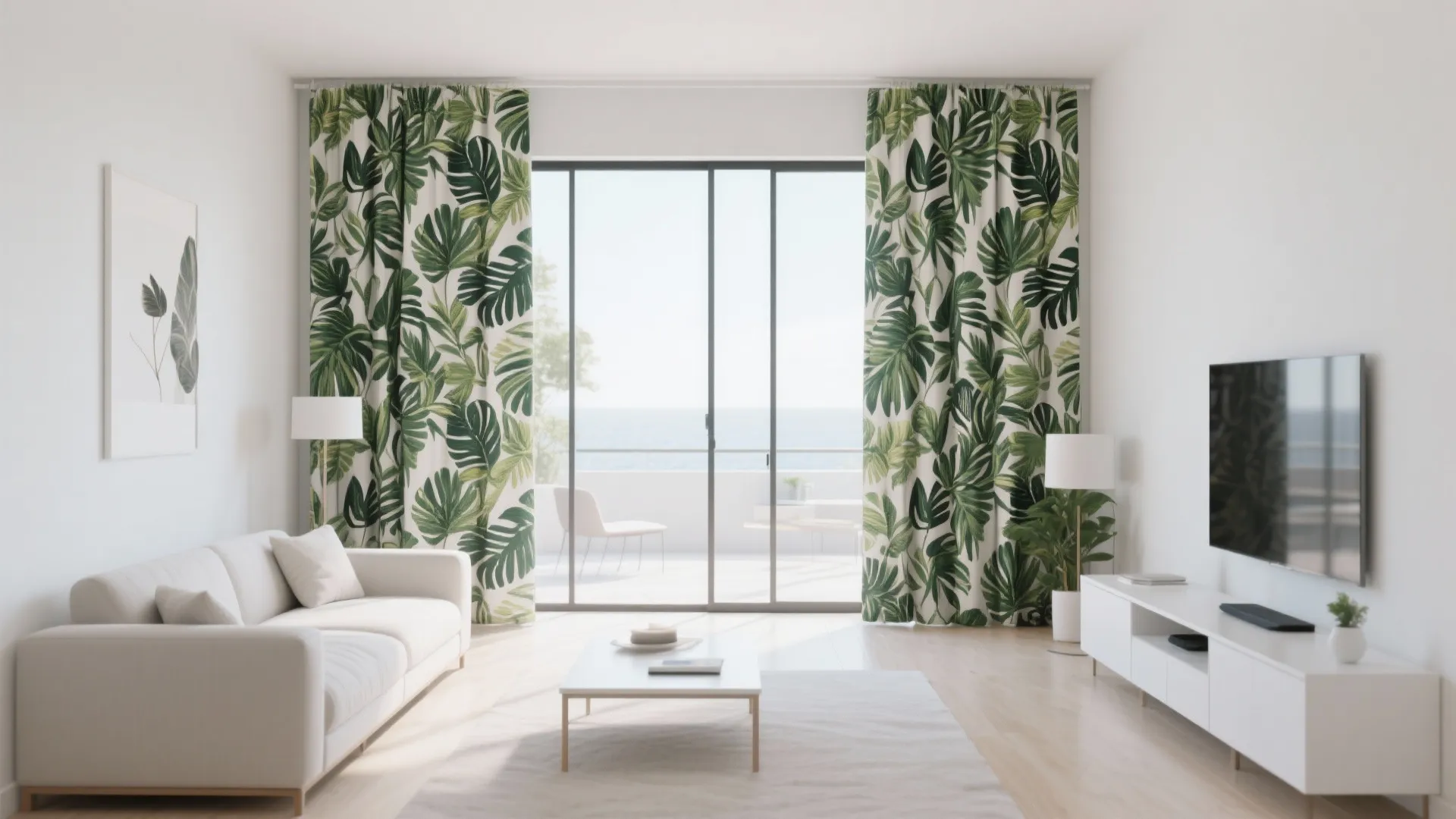 Modern bright living room featuring tropical green leaf pattern curtains with white sofa and balcony
