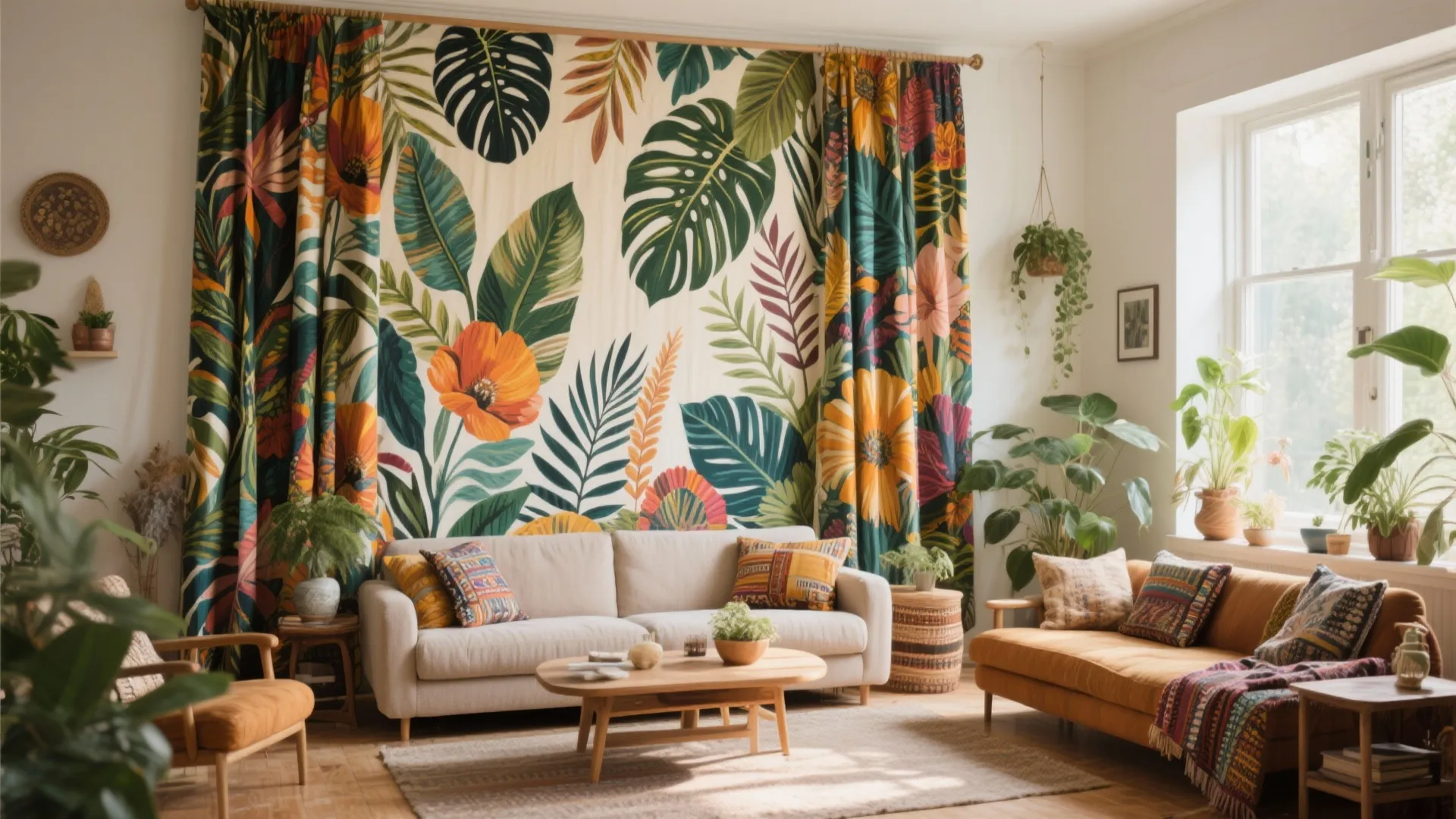 Bohemian living room with large tropical leaf pattern curtains and cozy sofas with indoor plants