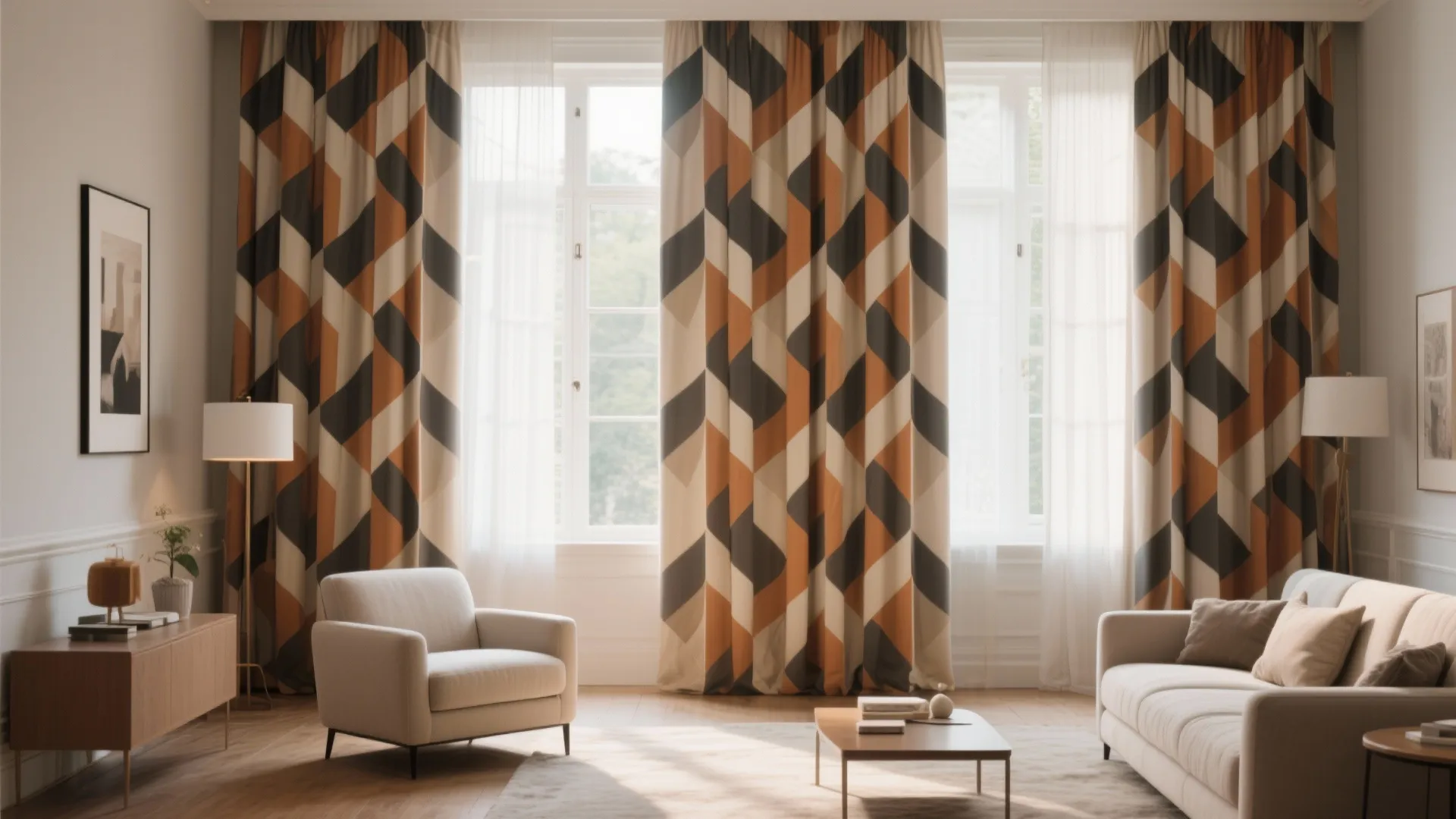 Modern living room featuring geometric pattern curtains with white sofa armchairs and a small coffee table