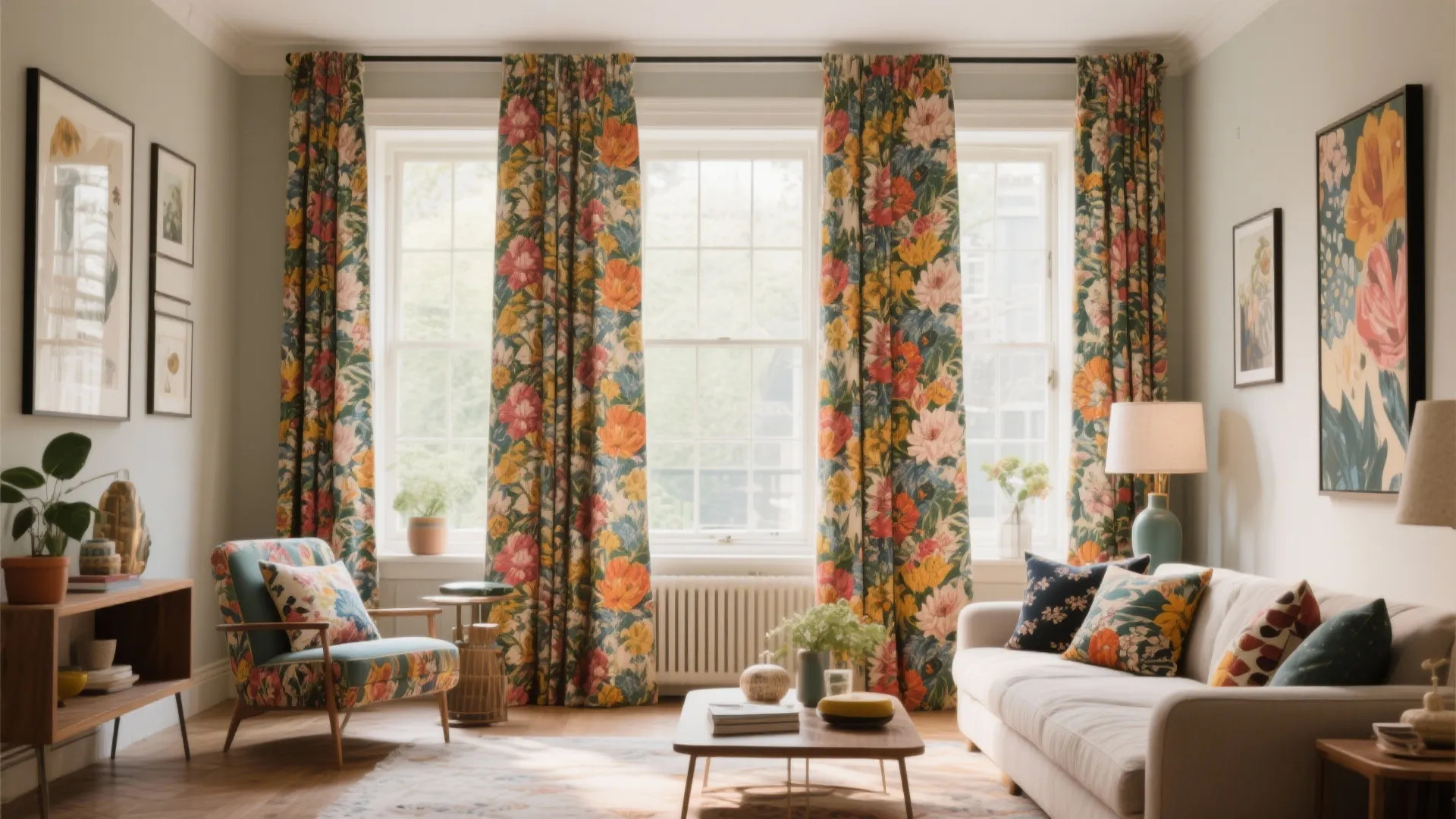 Colorful floral curtains hanging in a bright living room with white sofa and patterned armchair