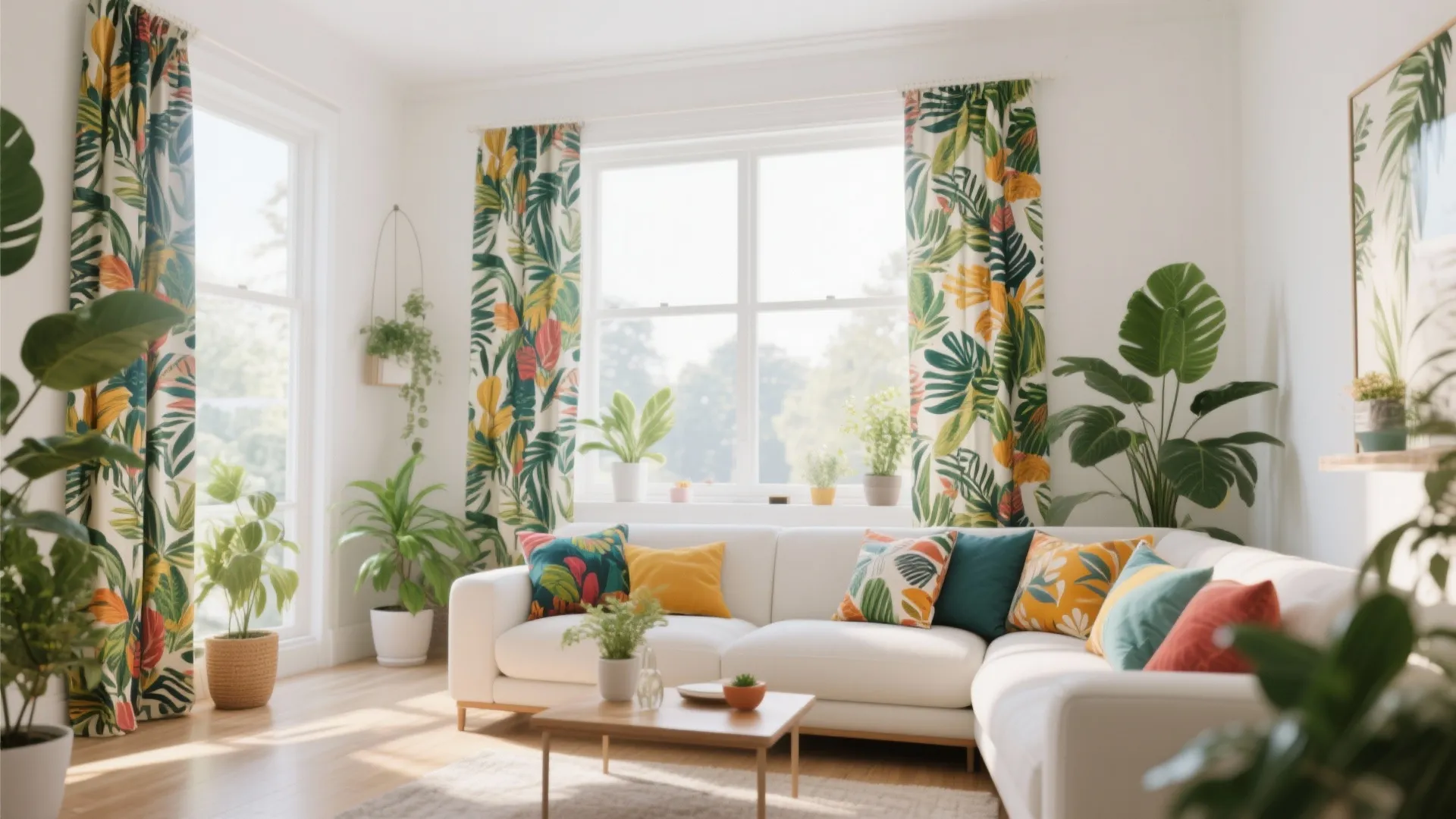 Bright living room featuring white sofa, tropical leaf pattern curtains, green indoor plants and wooden table