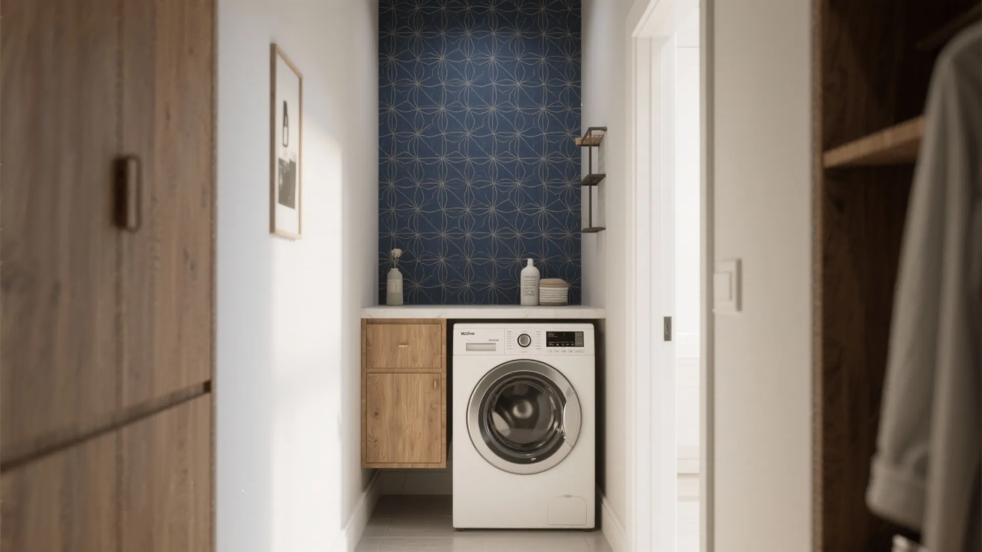 Laundry nook with washing machine wooden cabinet blue pattern wall and white frame on wall