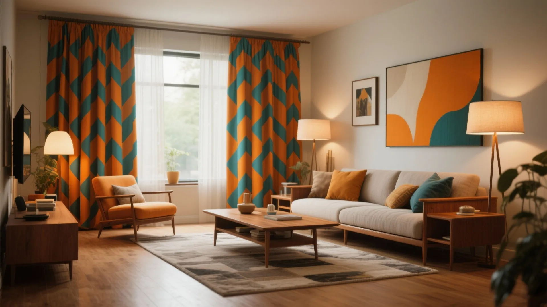 Mid-century living room with bold patterned curtains