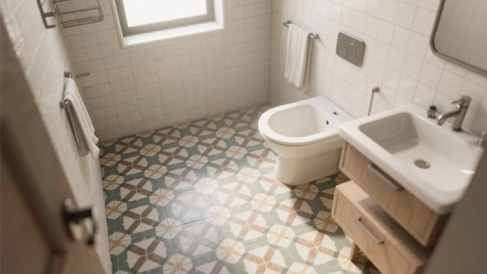 Modern bathroom interior design drawing with patterned floor tiles white toilet sink and wood cabinet