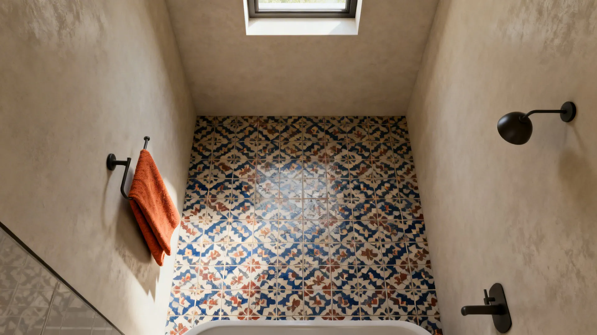 Small powder room with a bold Moroccan-inspired patterned floor and neutral walls