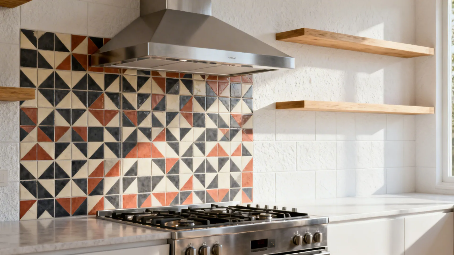Bold geometric patterned backsplash behind the range in a compact kitchen.