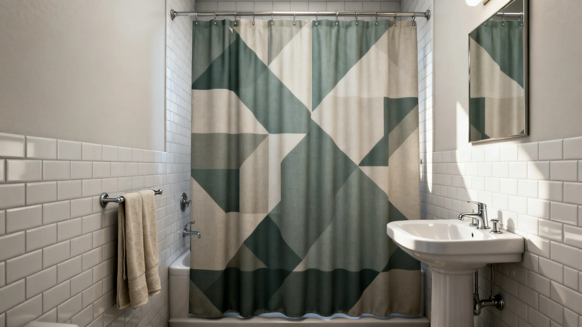 Small bathroom with an oversized geometric shower curtain as the focal artwork.