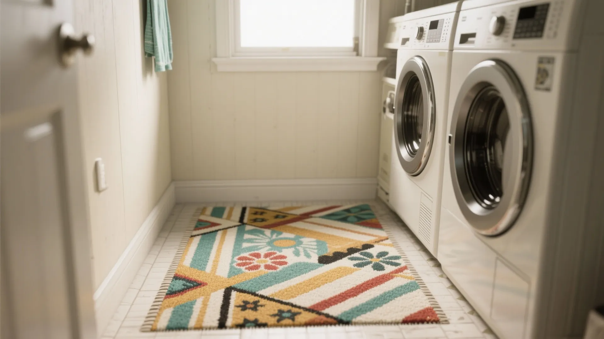 Laundry room featuring a bold patterned rug in geometric and floral designs