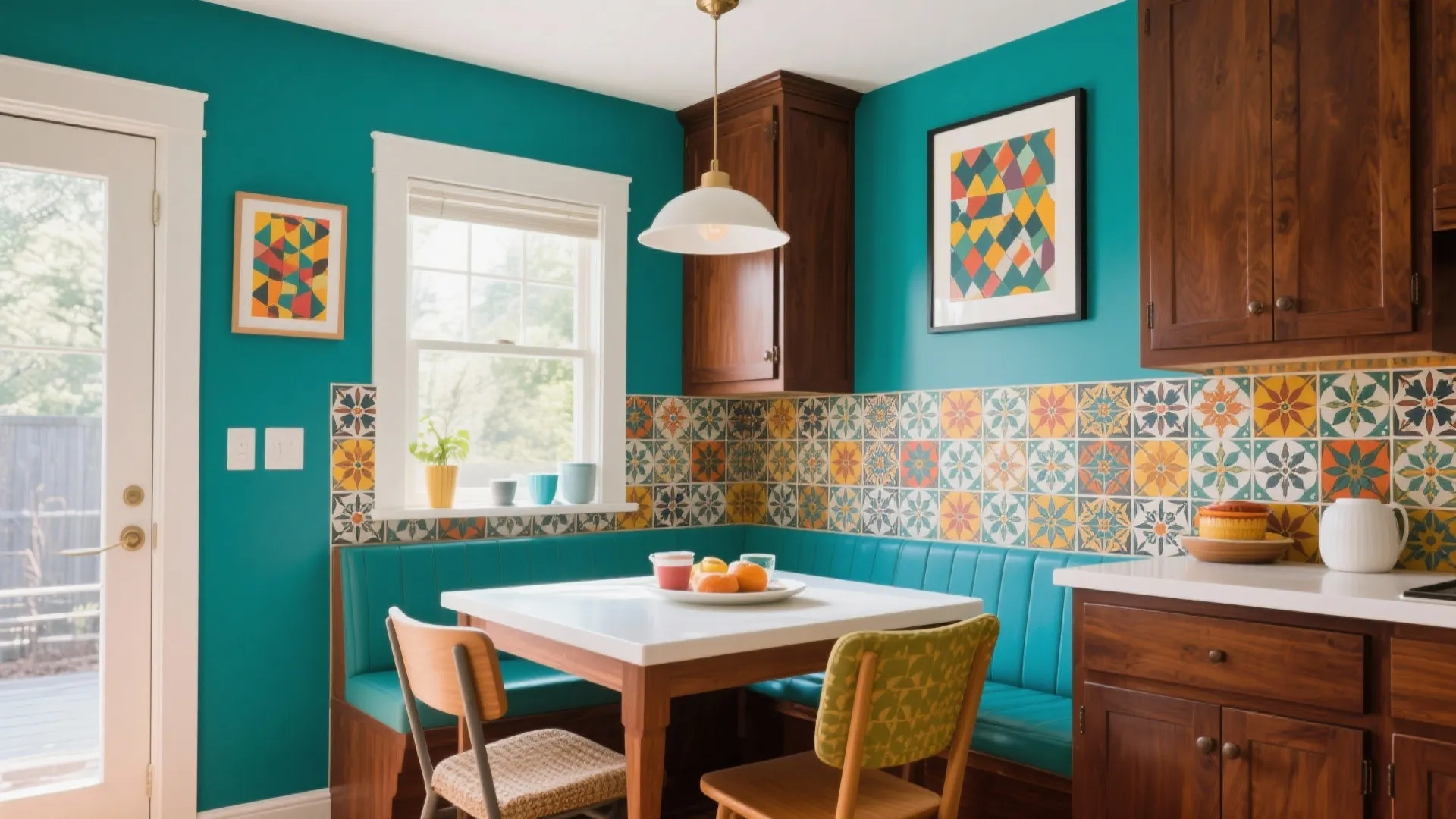 Colorful dining area with teal walls patterned tiles white table wooden chairs and ceiling light