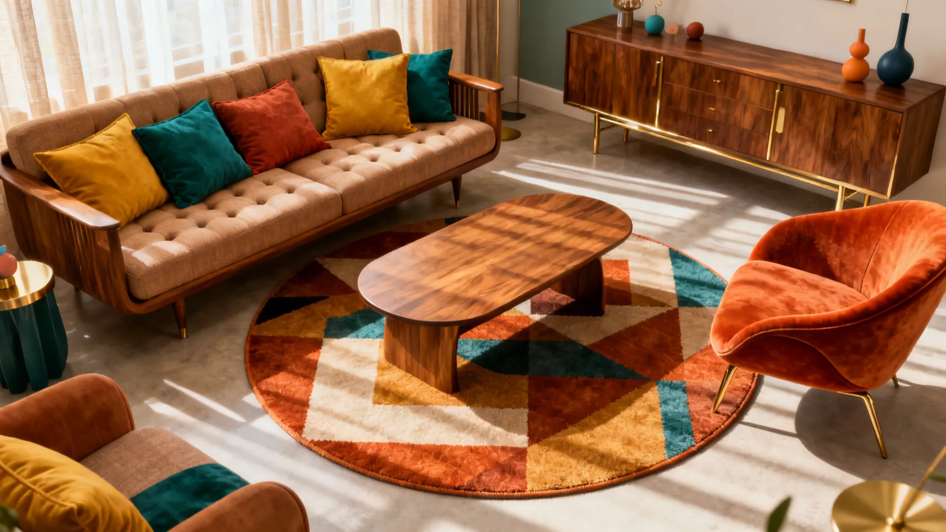 Living room with a bold geometric round rug and mid-century furniture, colorful accents